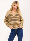 WOMEN'S LONG SLEEVE V-NECK STRIPES KNIT PULLOVER SWEATER