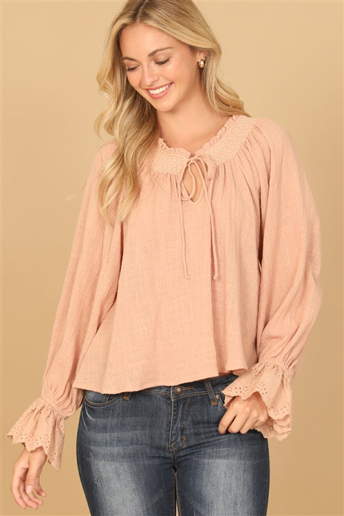 DUSTY PEACH KEYOLE TIE RUFFLE NECK LONG FLOUNCE SLEEVE HANGING TOP 2-2-1 (PACK OF 5)