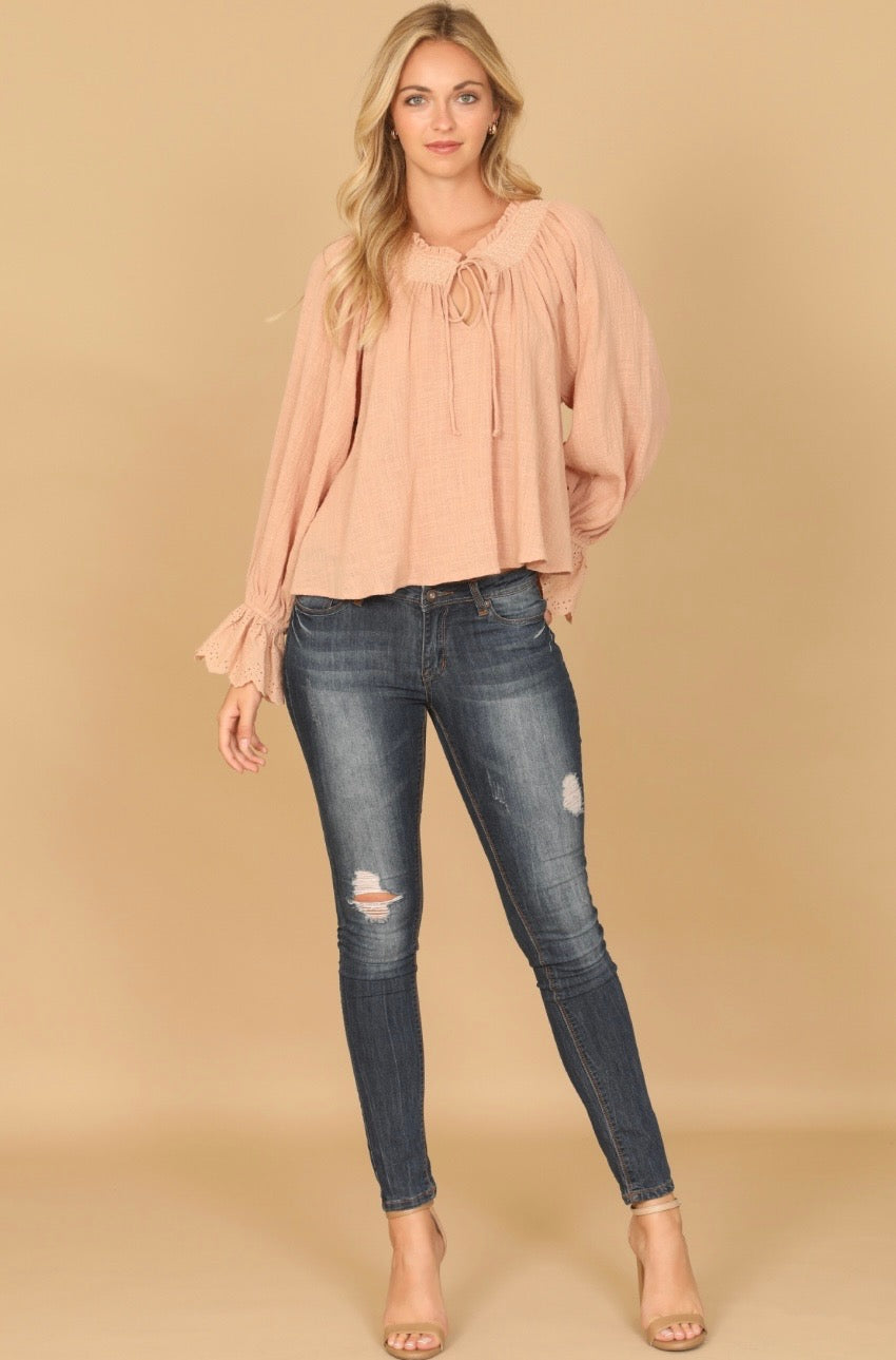 DUSTY PEACH KEYOLE TIE RUFFLE NECK LONG FLOUNCE SLEEVE HANGING TOP 2-2-1 (PACK OF 5)