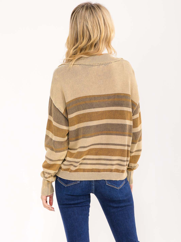 WOMEN'S LONG SLEEVE V-NECK STRIPES KNIT PULLOVER SWEATER
