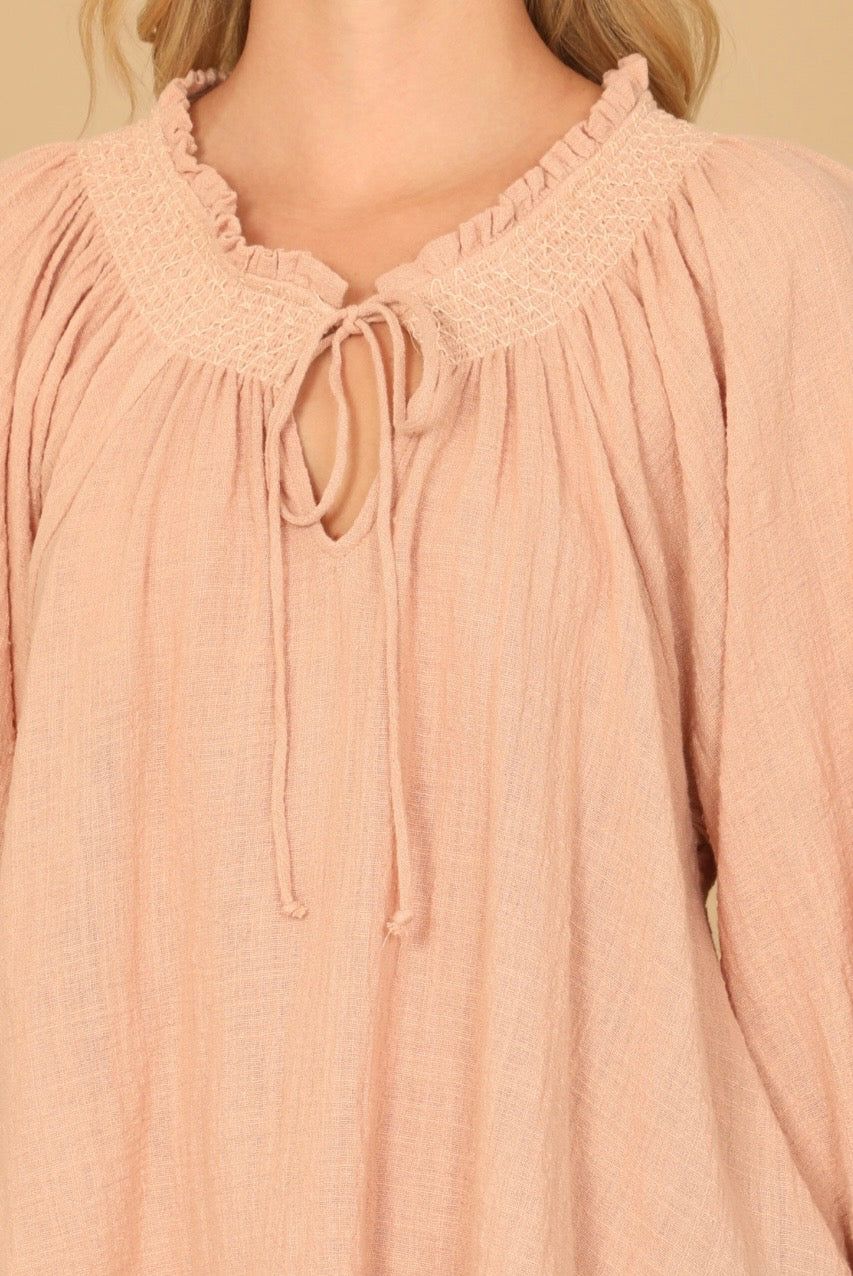 DUSTY PEACH KEYOLE TIE RUFFLE NECK LONG FLOUNCE SLEEVE HANGING TOP 2-2-1 (PACK OF 5)