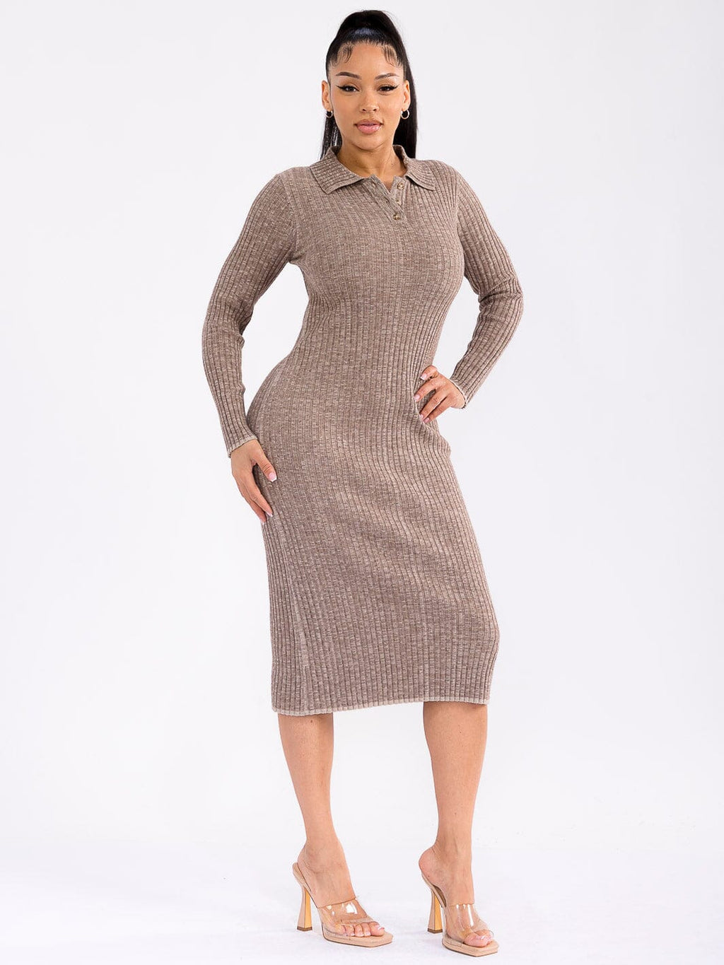 WOMEN'S LONG SLEEVE BUTTONS UP RIBBED BODYCON MIDI DRESS 6 pack
