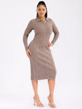 WOMEN'S LONG SLEEVE BUTTONS UP RIBBED BODYCON MIDI DRESS 6 pack