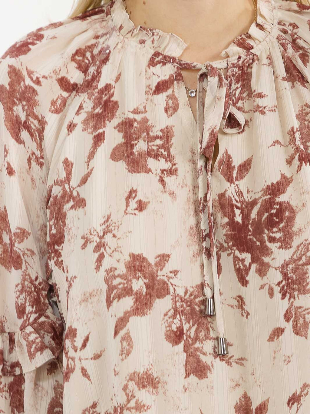 WOMEN'S LONG SLEEVE V-NECK RUFFLE FLORAL PRINT SHIMMER BLOUSE 6 pack