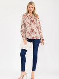 WOMEN'S LONG SLEEVE V-NECK RUFFLE FLORAL PRINT SHIMMER BLOUSE 6 pack