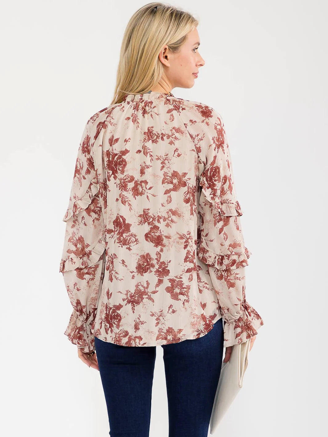 WOMEN'S LONG SLEEVE V-NECK RUFFLE FLORAL PRINT SHIMMER BLOUSE 6 pack